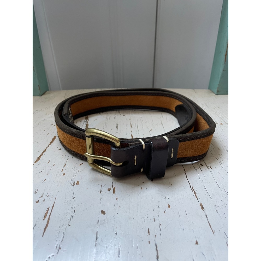 Bills Khakis Mens Brown Leather Tan Suede Canvas Trim Belt Brass Buckle Size 42